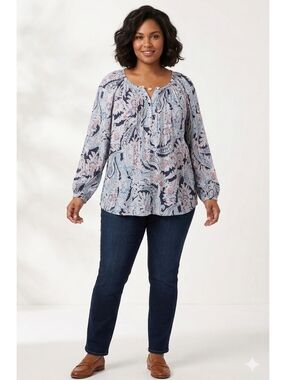 Chaps Plus Size Floral Paisley Half Button Placket Henley Top